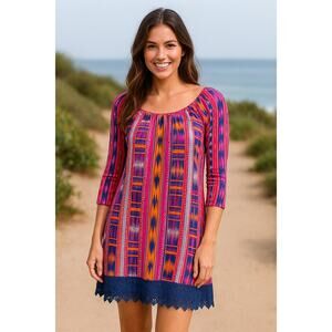 2B Together Boho Aztec Print Peasant Tunic Dress with Crochet Hem – Small